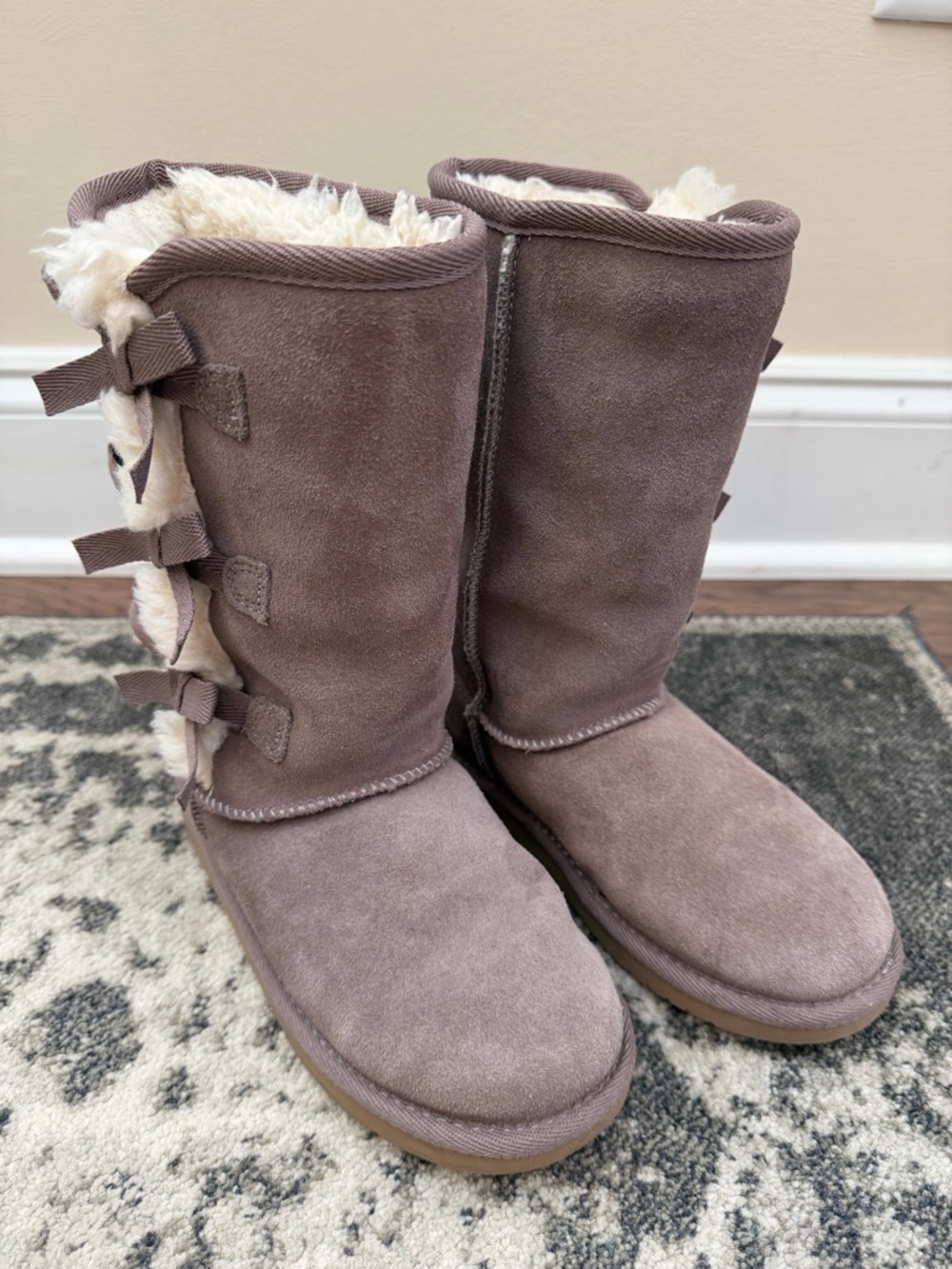 Koolaburra Girls Taupe Suede Fur-Lined Mid-Calf Boots with Side Bows